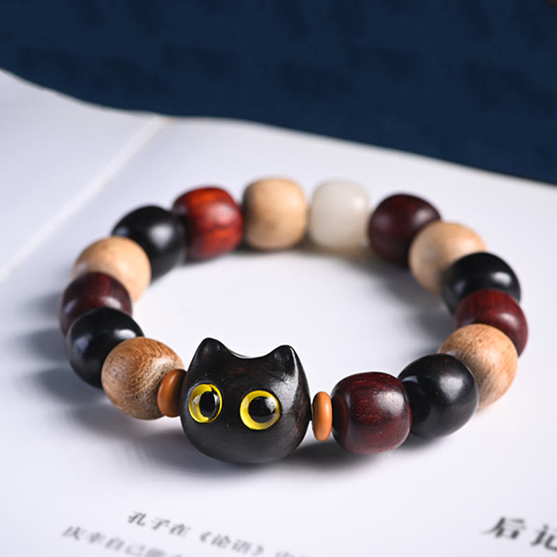 Ebony Wood Protection Bracelet with Small Leaf Red Sandalwood Cat Charm