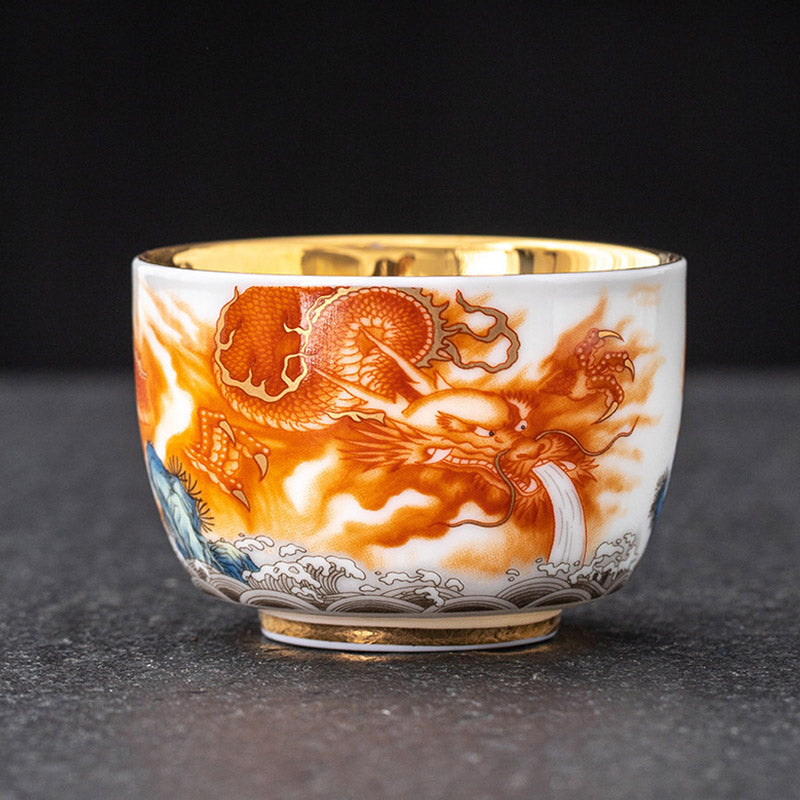 Gilt Ceramic Dragon Phoenix Crane Teacup 170ml Spiritual