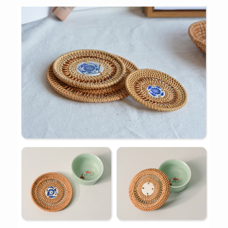 Ceramic Flower Pattern Rattan Cup Mat | 10cm Coaster