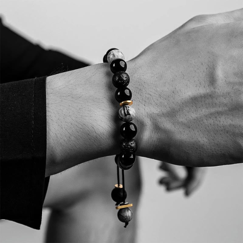 Obsidian Lava Rock Yin Yang Strength Bracelet
