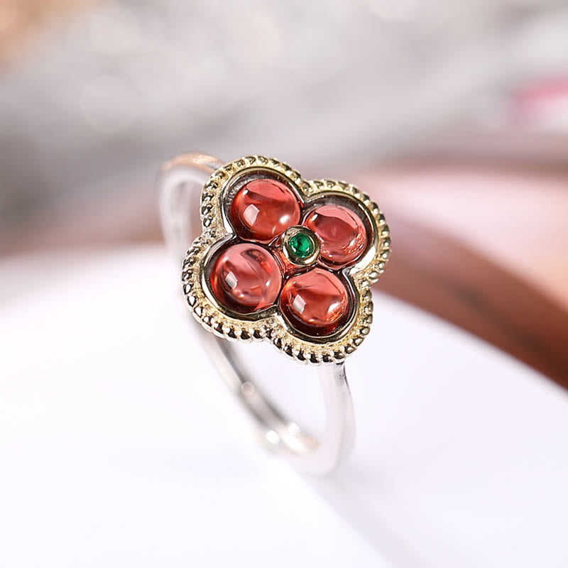 925 Sterling Silver Garnet Four-Leaf Clover Protection Necklace & Ring Set