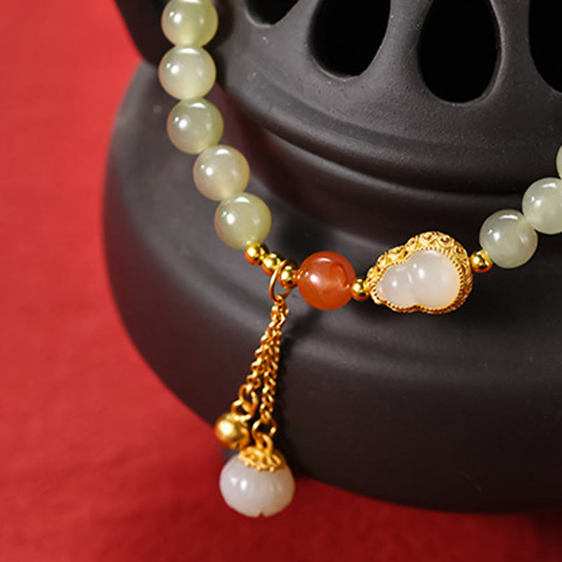 Hetian Jade Lotus Abundance Luck Bracelet 925 Silver