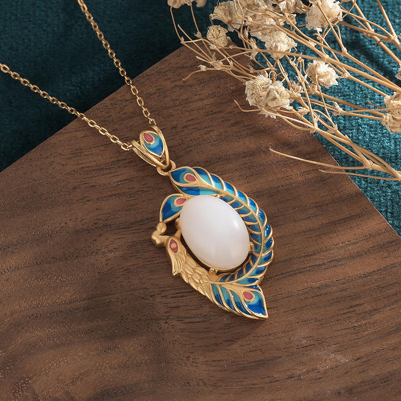 White Jade Peacock Blessing Necklace for Protection & Luck