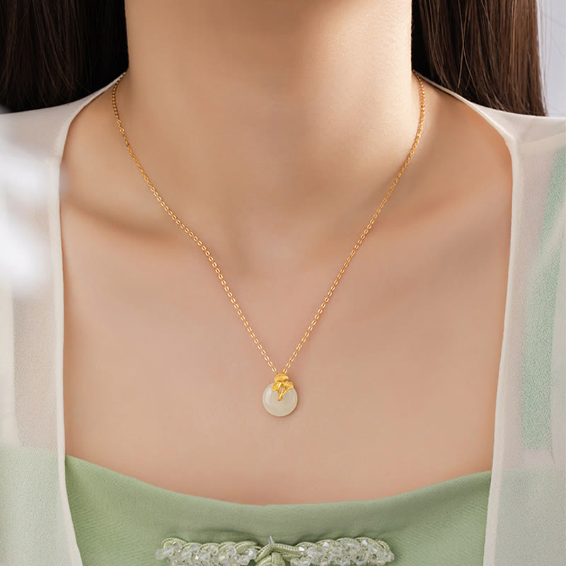 925 Sterling Silver Hetian Jade Ginkgo Leaves Prosperity Necklace
