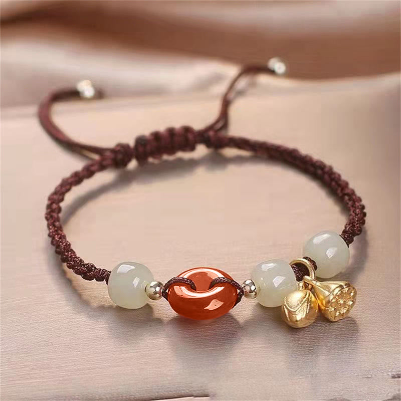 Red Agate and Jade Peace Buckle Braided Bracelet 14-18cm