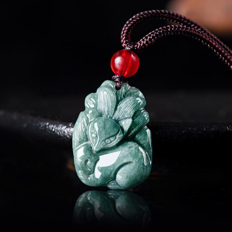 Natural Green Jade Nine-Tailed Fox Prosperity Necklace