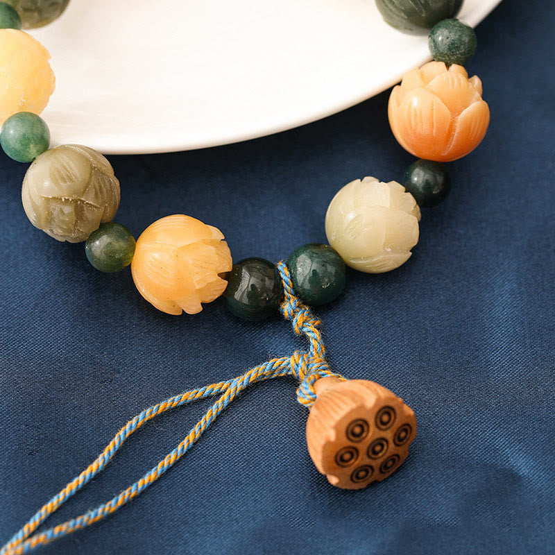 Bodhi Seed Moss Agate Lotus Bracelet for Peace & Calm