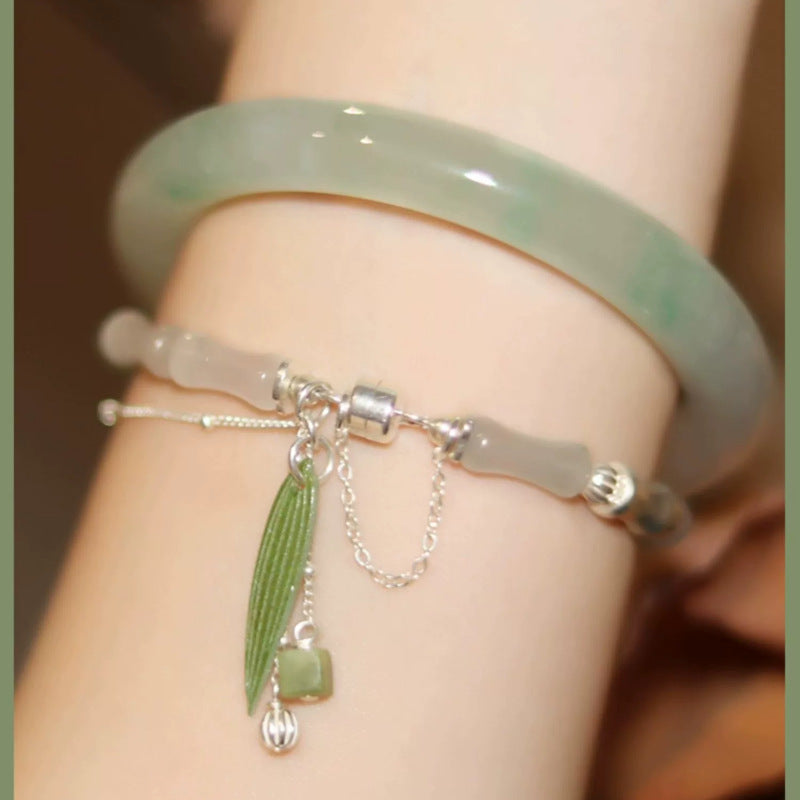 White Jade Happiness Bracelet with Bamboo Leaf Lantern Charm