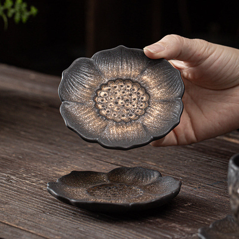 Vintage Lotus Flower Ceramic Tea Mat 9.8cm Brown | Zen Decor