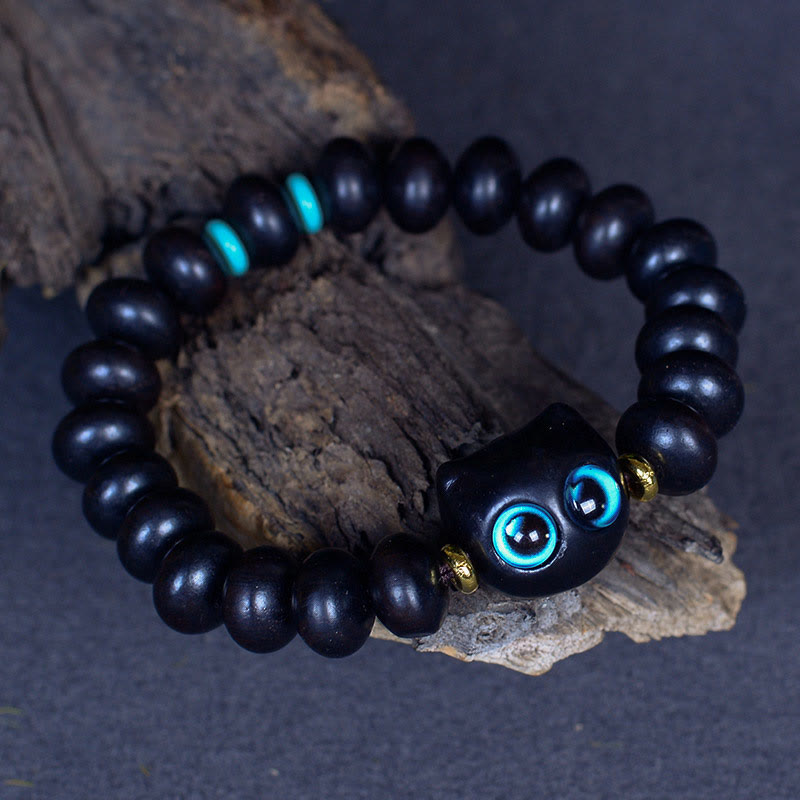 Ebony Wood Peace & Balance Bracelet with Cat Motif