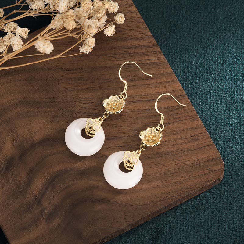 White Jade Blessing Drop Earrings for Protection & Luck