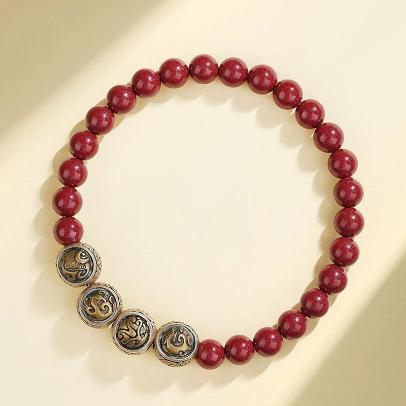 8mm Sterling Silver Cinnabar Four Beasts Blessing Bracelet