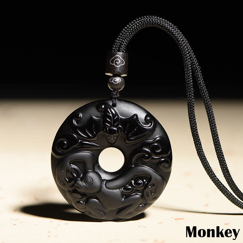 Chinese Zodiac Black Obsidian Strength Necklace Pendant