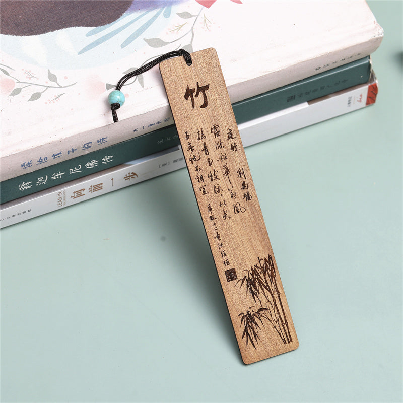 Wooden Zen Decor Bookmark with Plum Orchid Bamboo Chrysanthemum Motifs