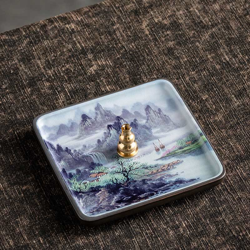 Ceramic Incense Burner Tray with Mountain Lake Flower Leaf Design