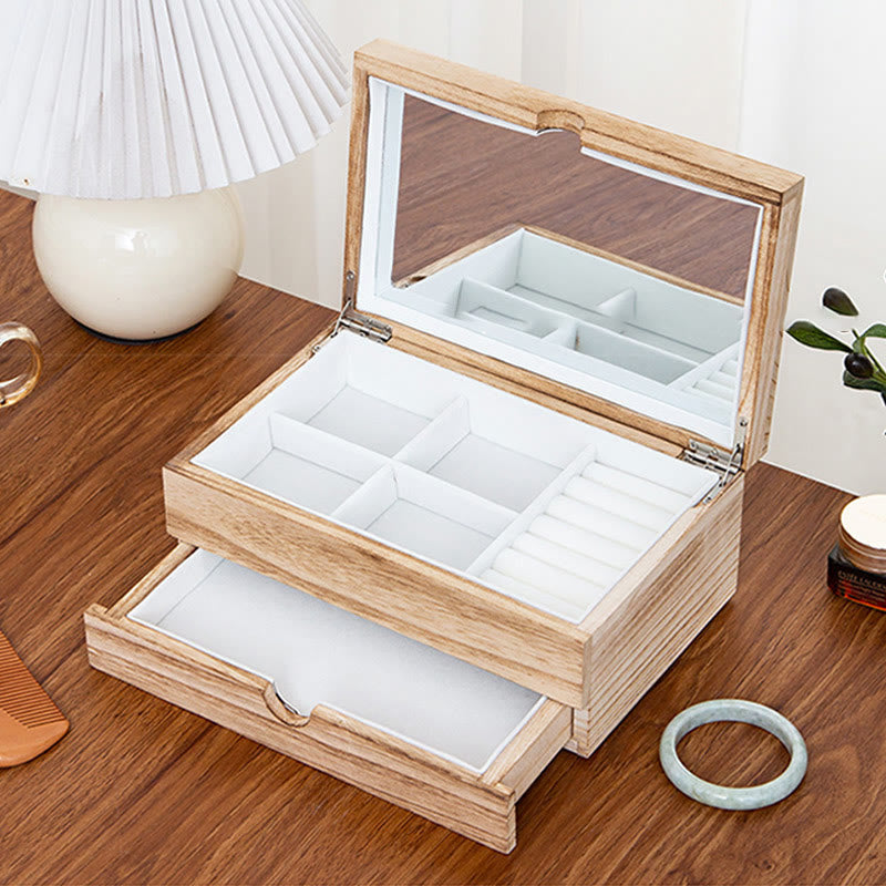 Two-Layer Beige Wooden Jewelry Box with Mirror | Spiritual Home Accents