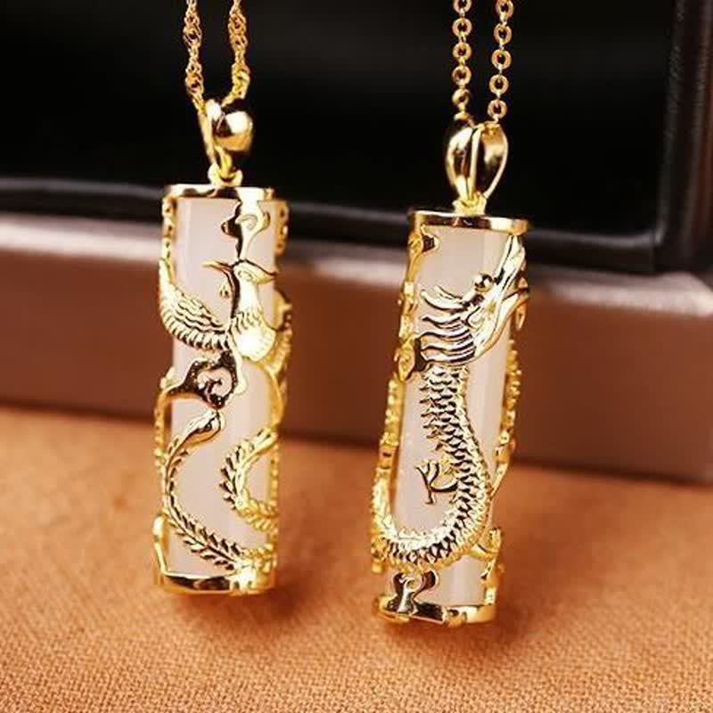 White Jade Dragon Phoenix Necklace | Copper Harmony Pendant