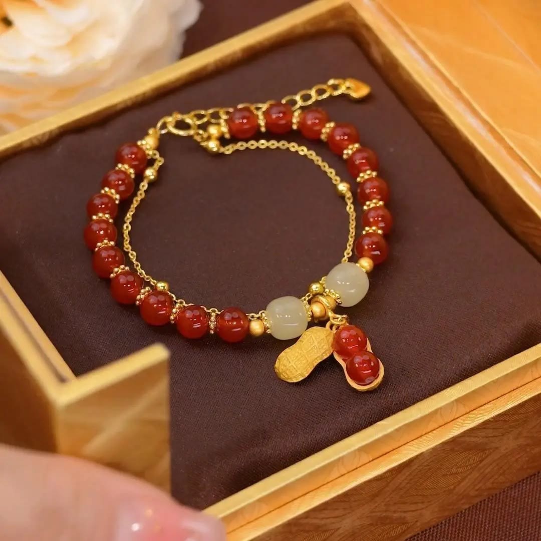 Jade Luck Beaded Bracelet with Leaf, Tulip & Fu Symbol