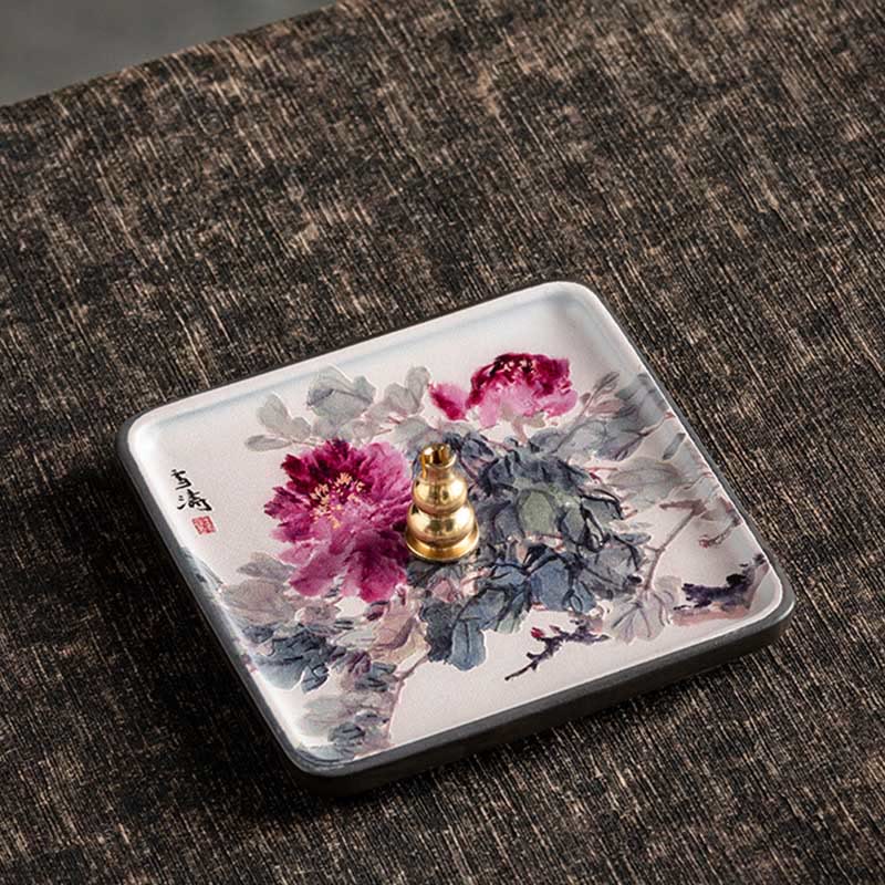 Ceramic Incense Burner Tray with Mountain Lake Flower Leaf Design