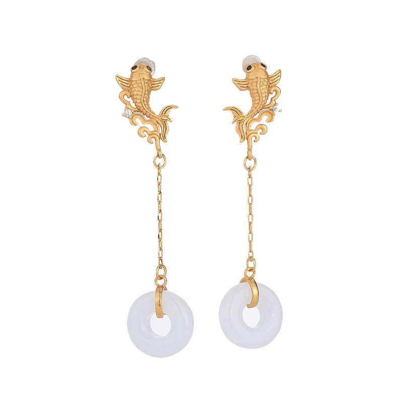 56mm White Jade Lucky Koi Fish Earrings