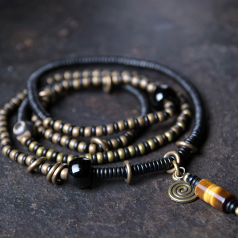 Ebony Wood Dzi Bead Copper Peace Bracelet for Meditation