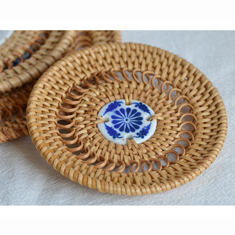 Ceramic Flower Pattern Rattan Cup Mat | 10cm Coaster