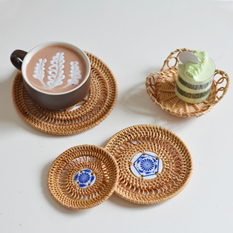 Ceramic Flower Pattern Rattan Cup Mat | 10cm Coaster
