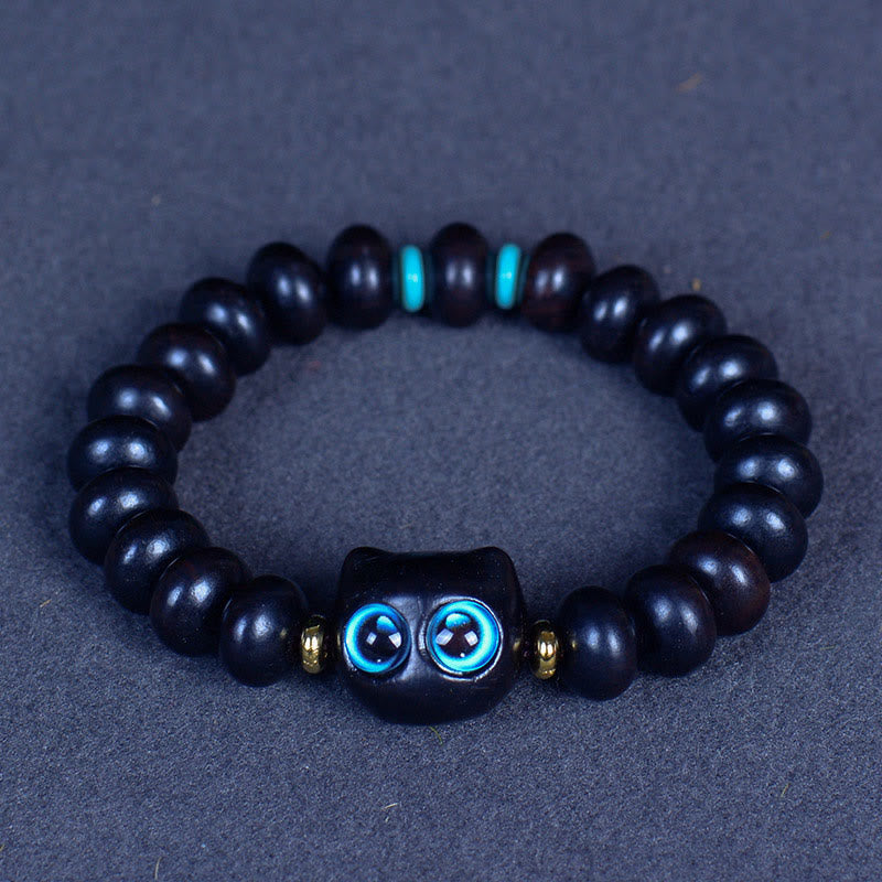 Ebony Wood Peace & Balance Bracelet with Cat Motif