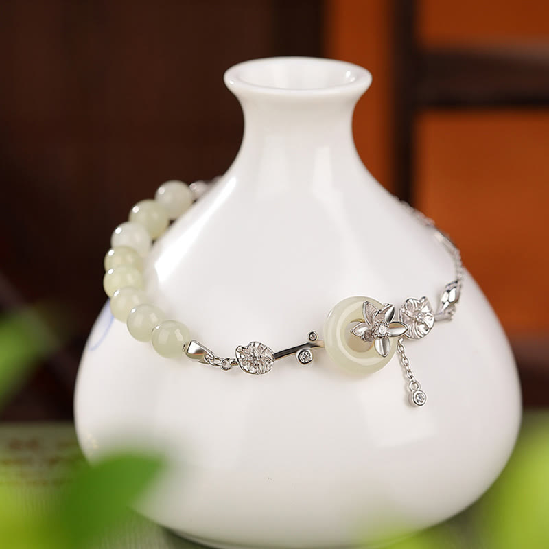 925 Sterling Silver Hetian Jade Peace Buckle Bracelet