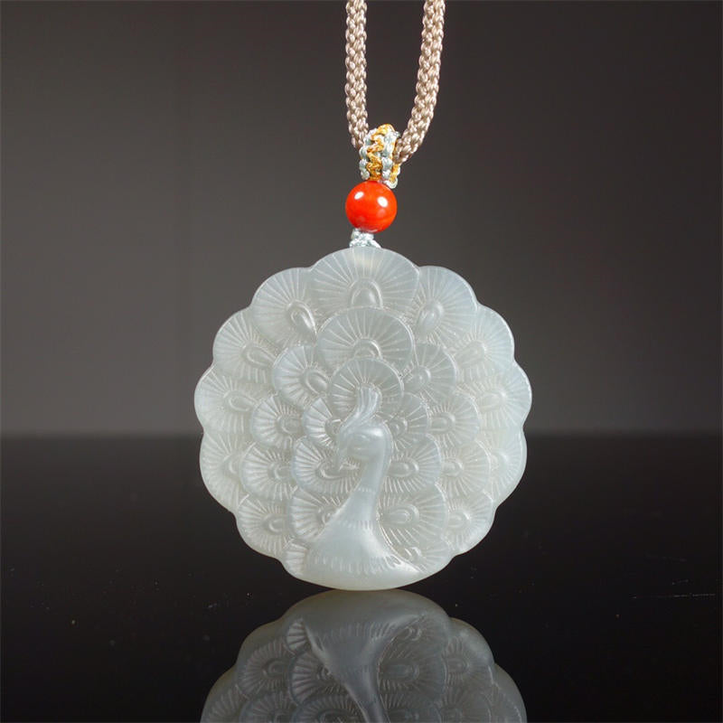 White Jade Peacock Protection Necklace Blessing Pendant