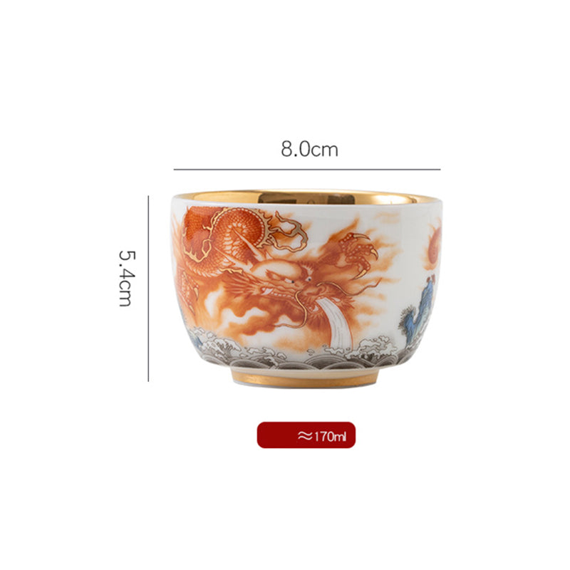Gilt Ceramic Dragon Phoenix Crane Teacup 170ml Spiritual