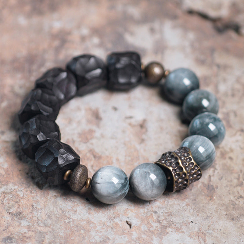 Eagle's Eye Stone Couple Bracelet with Ebony Wood & Copper