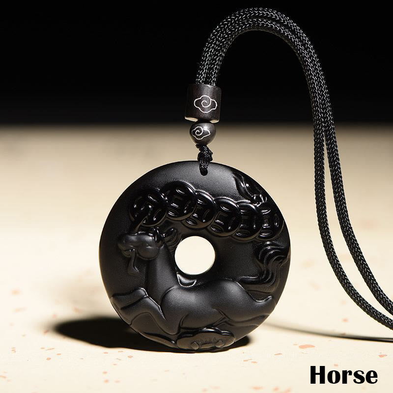 Chinese Zodiac Black Obsidian Strength Necklace Pendant