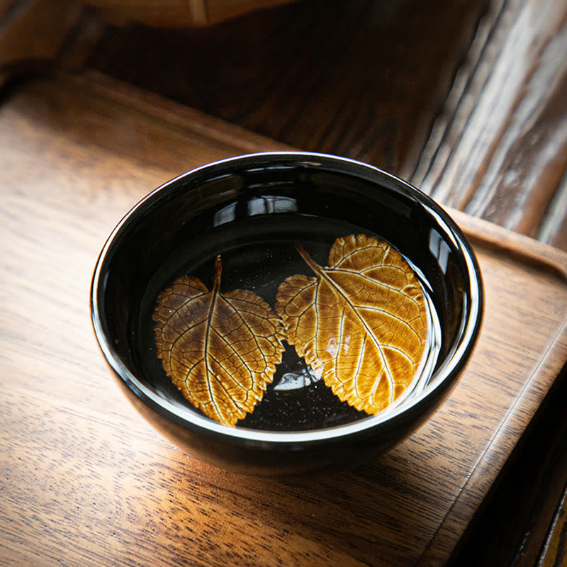 Gold Maple Leaf Jian Zhan Tenmoku Ceramic Teacup 120ml