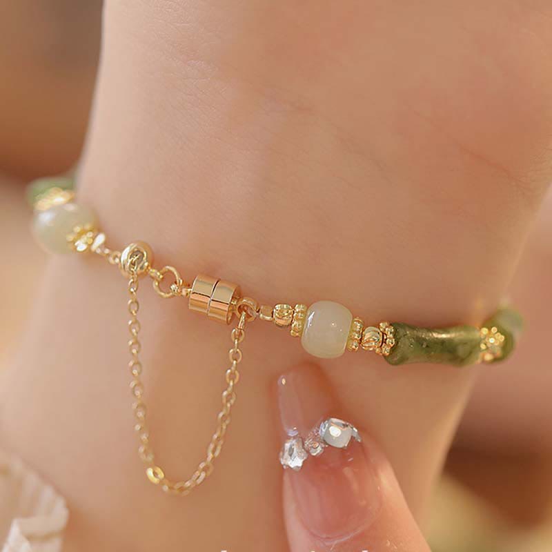 Jade Bracelet with Bamboo Leaf and Lily Pattern for Luck & Abundance