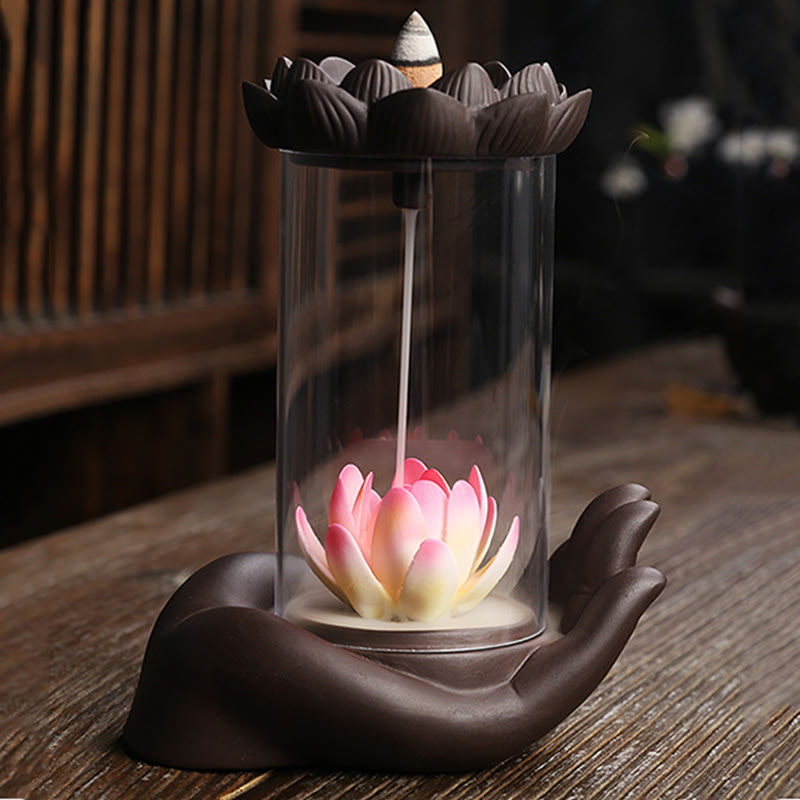 Purple Clay Buddha Hand Lotus Enlightenment LED Light Incense Burner