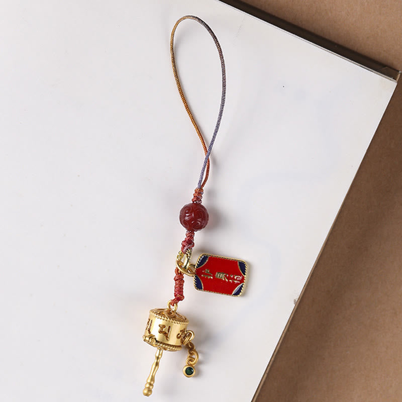 Om Mani Padme Hum Prayer Wheel Amulet in Red Agate with Copper Protection Charm