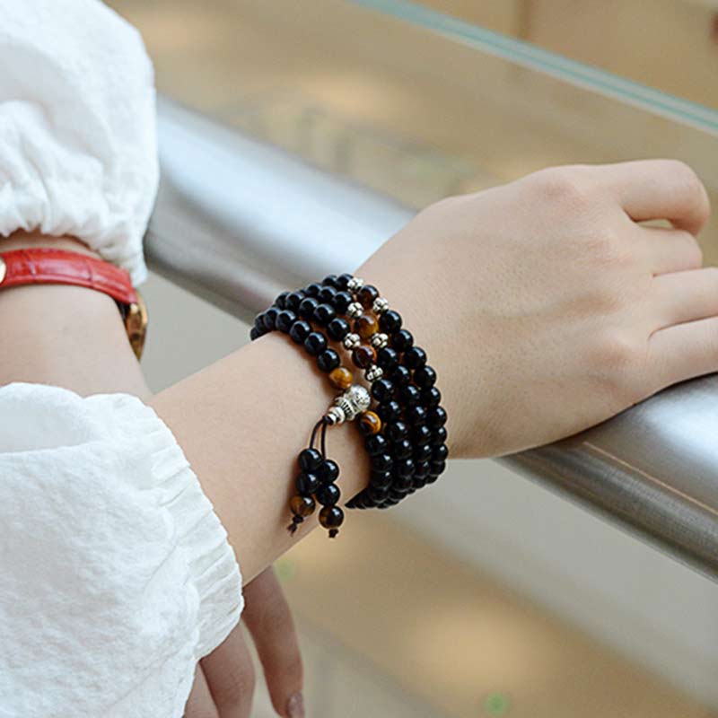 6mm Black Obsidian Tiger Eye Mala Bracelet for Protection
