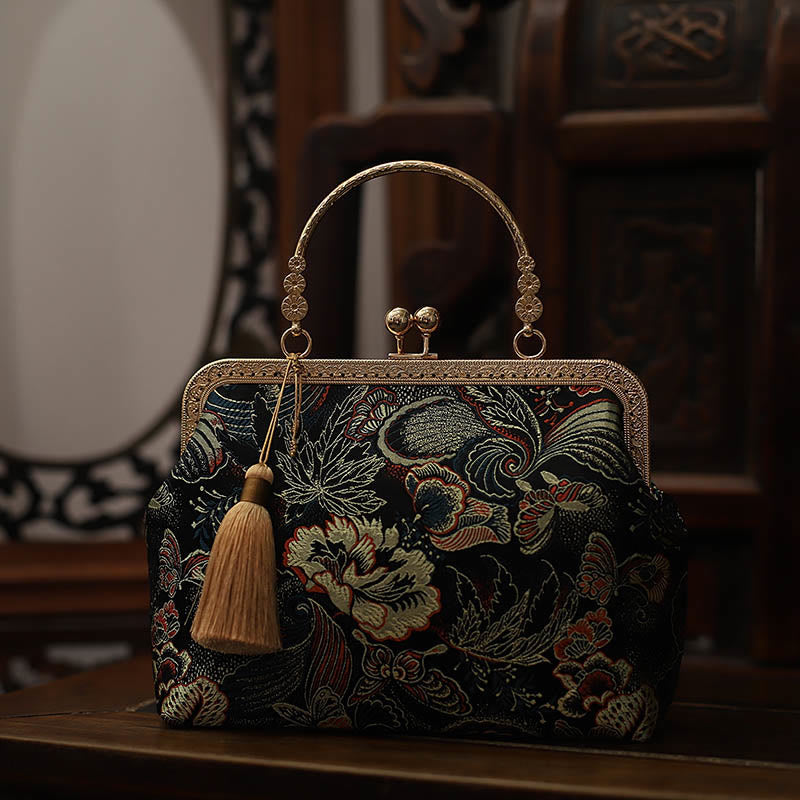 Vintage Flower Butterfly Crane Sea Waves Metal Chain Shoulder Bag