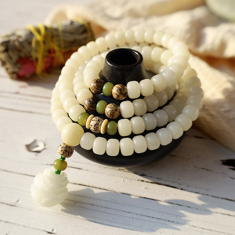 7x9mm White Jade Bodhi Lotus Mala Harmony Bracelet