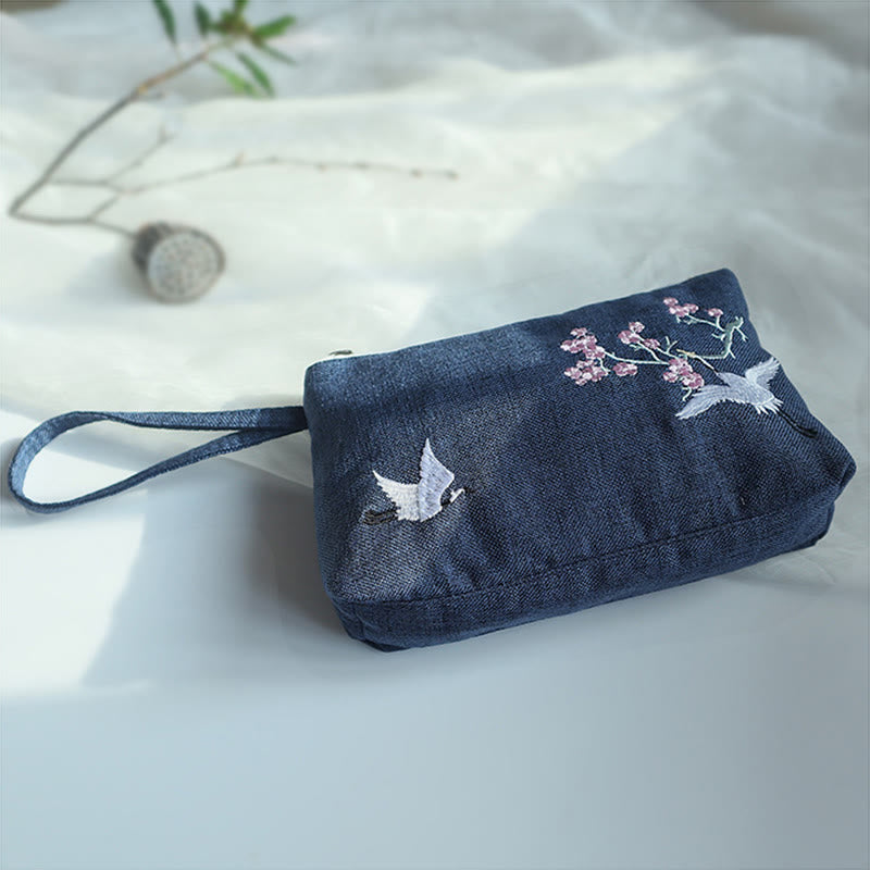 Canvas Wallet with Plum Cherry Crane Embroidery | Compact 21x13cm