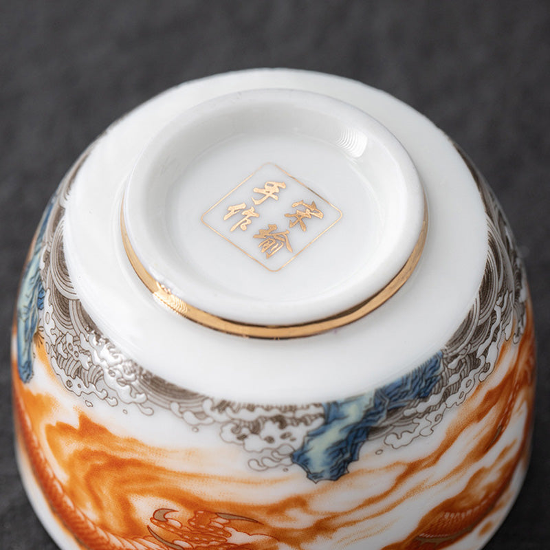 Gilt Ceramic Dragon Phoenix Crane Teacup 170ml Spiritual