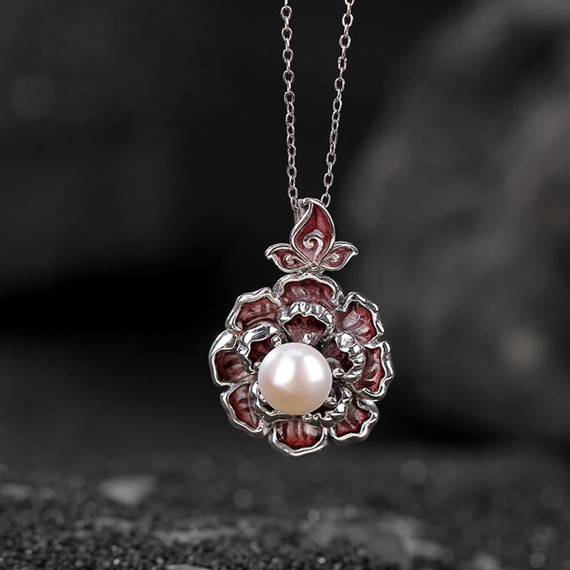 999 Sterling Silver Pearl Necklace with Peony Flower Pendant for Healing