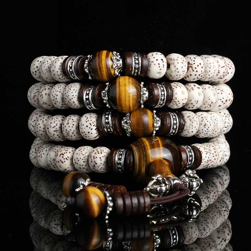 108 Beads Tiger Eye Bodhi Seed Bracelet 7x9mm Peace