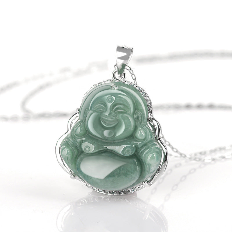 Jade Laughing Buddha Necklace 925 Sterling Silver Pendant