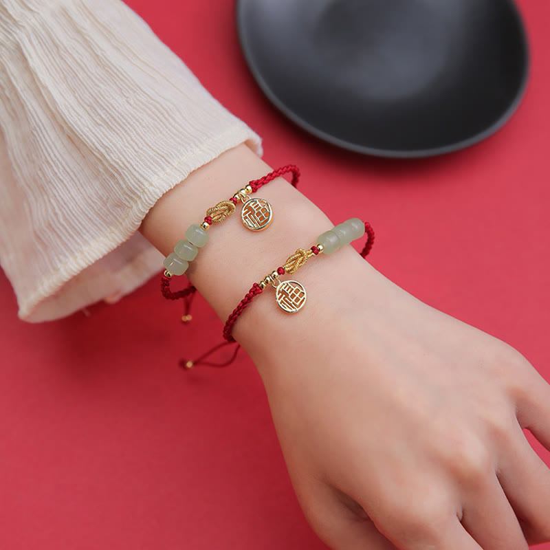 Jade Bead Bracelet with Fu Charm on Red Rope for Luck & Prosperity