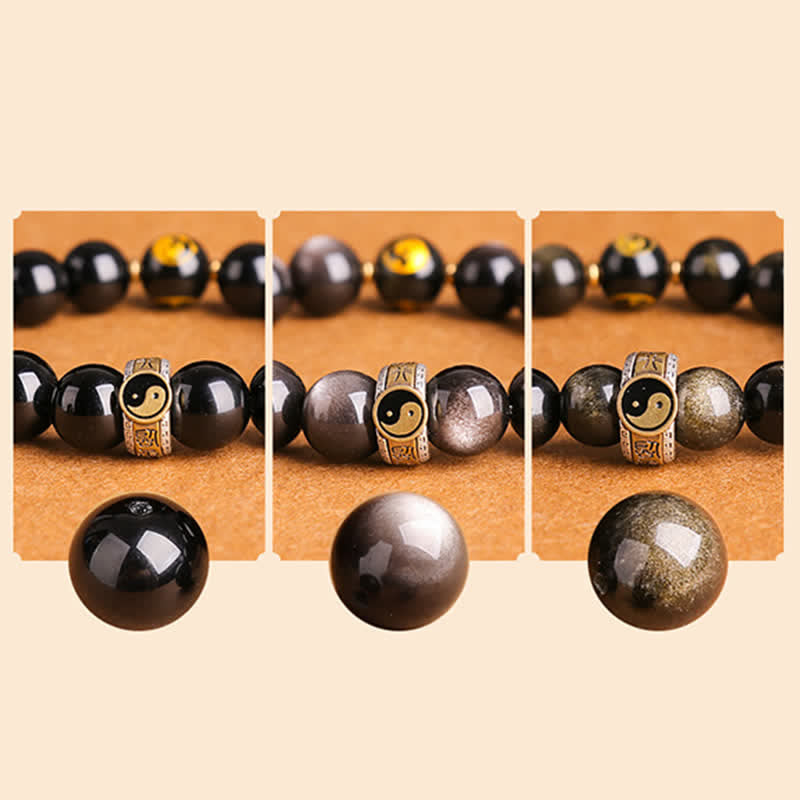 10mm Yin Yang Obsidian Protection Bracelet Sterling Silver