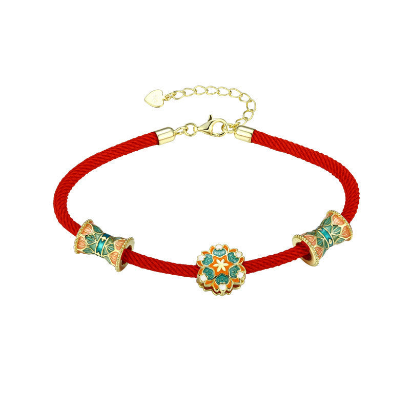 925 Sterling Silver Lotus Drum Bracelet with Red Rope | New Beginnings
