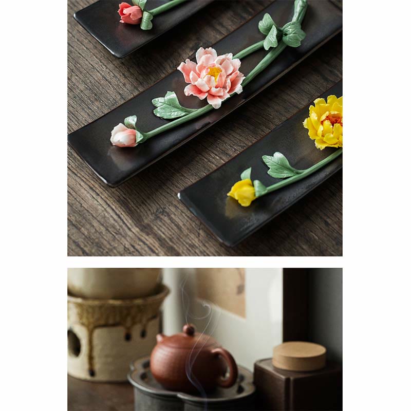 Ceramic Lotus Peony Rose Incense Burner 26cm Spiritual
