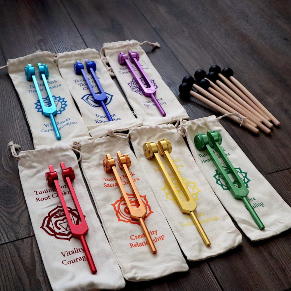 Colorful Chakra Tuning Fork Set with protective cloth sleeves for sound therapy